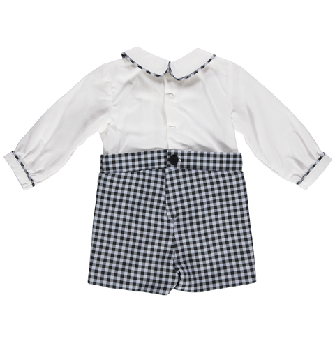 Baby bodysuit with black and blue checkered shorts