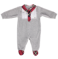 Gray cotton babygrow with red checkered collar