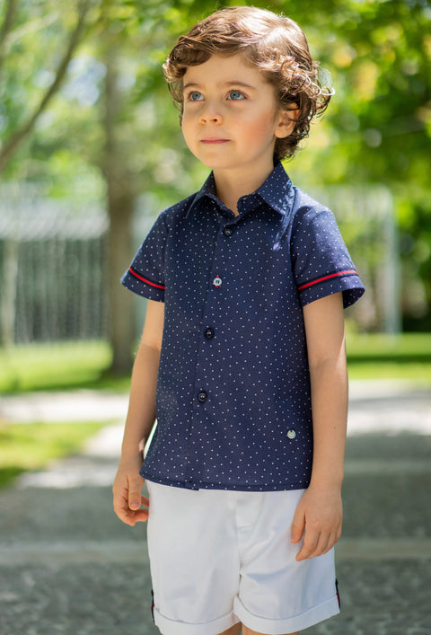 Set for boys with polka-dot shirt and white shorts